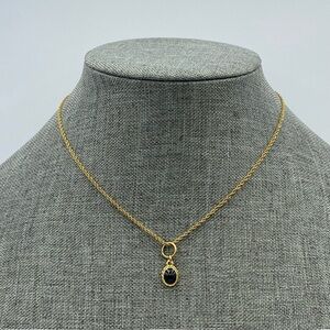 Liz Claiborne Gold Tone Pendant Necklace Black Enamel Cabochon Dainty Charm 16"